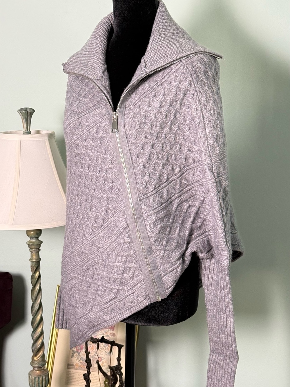 NWT Light Gray Zip-Front Asymmetrical Cable Knit Sweater Poncho by Elan Size S